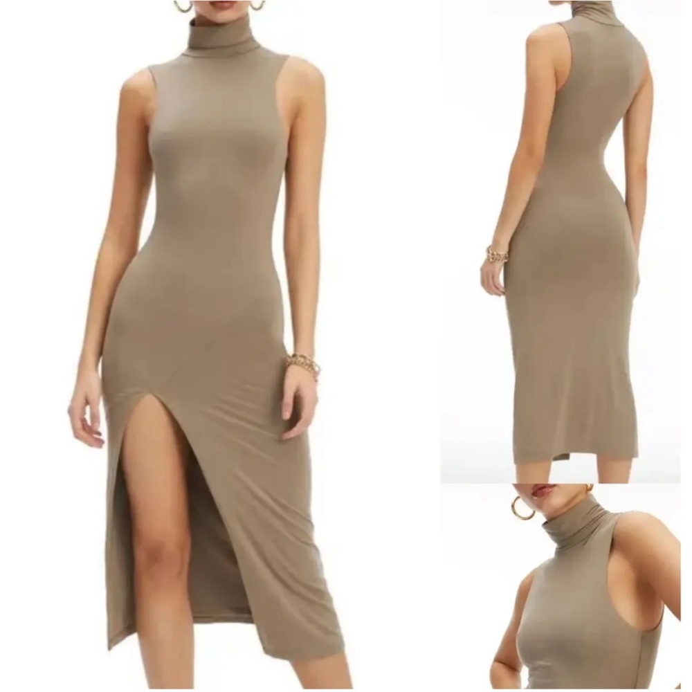 Good American Sleeveless Turtleneck Midi Dress in Brindle Wm Sm (1) Front Slit